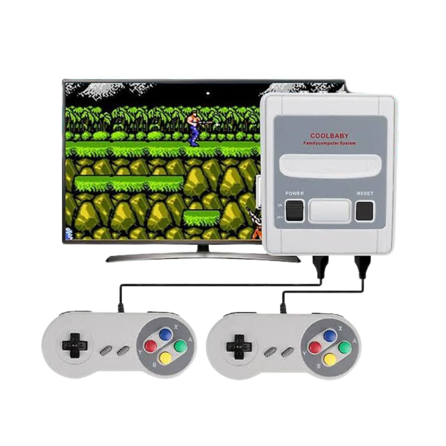 Mini consola conectada por cable HDMI a TV ofreciendo gráficos 8‑bit