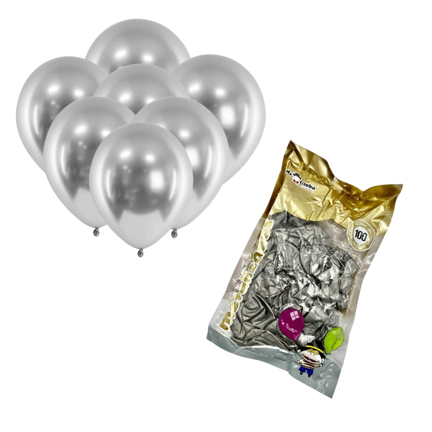 Globos Mr. Globo color plata con efecto espejo, elegancia y brillo en cada celebración
