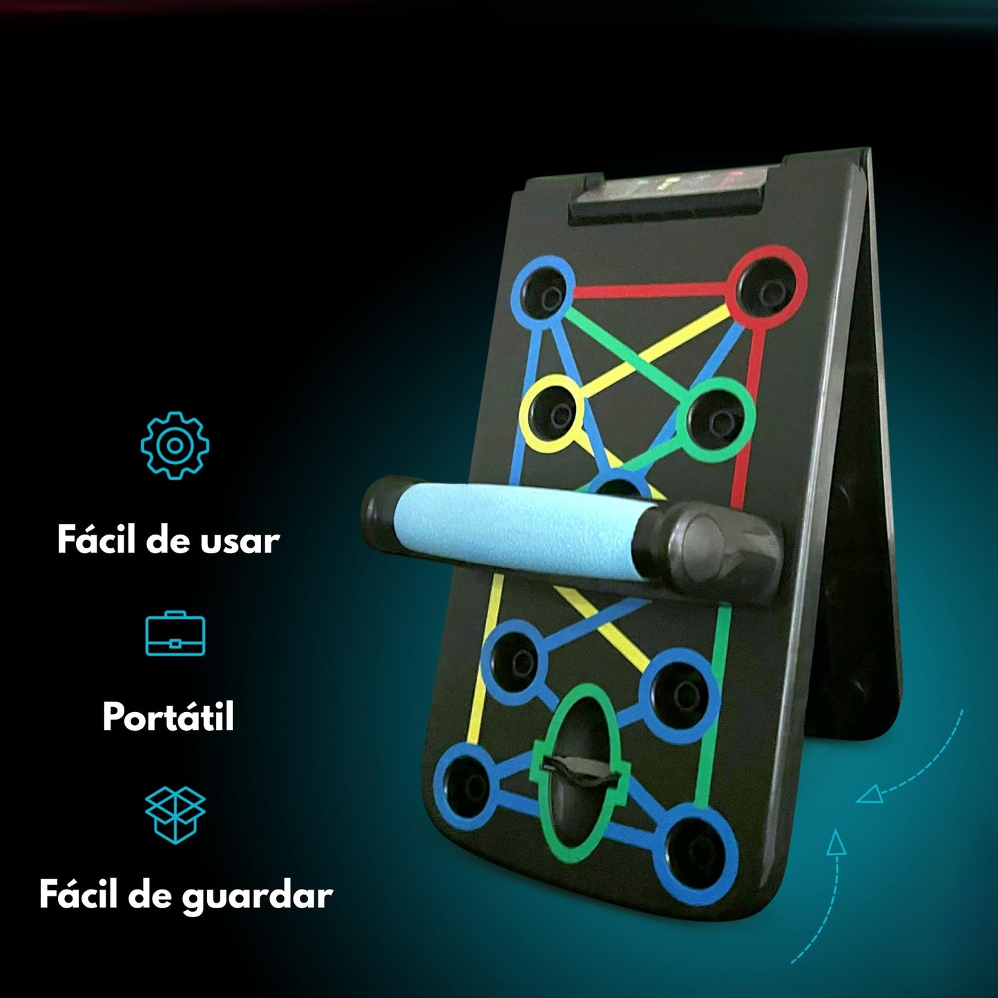 Tabla plegada y lista para almacenar, mostrando su portabilidad.