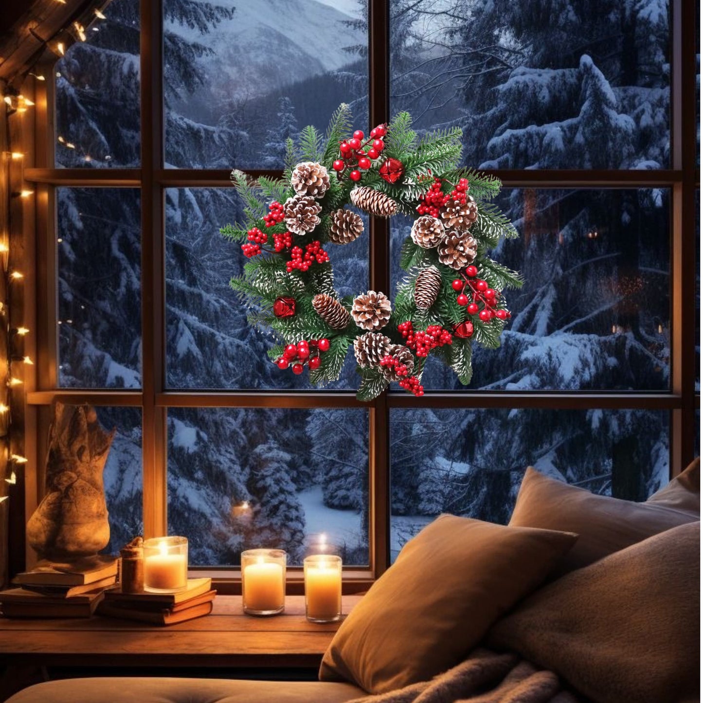 Decoración de mesa navideña con guirnalda de frutas, luces y copas festivas