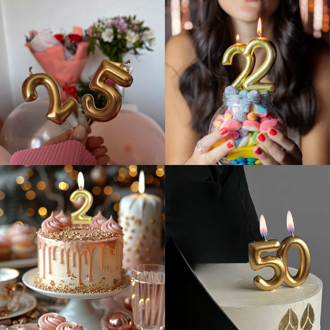 Pareja usando velas doradas numéricas en fiesta alegre y elegante