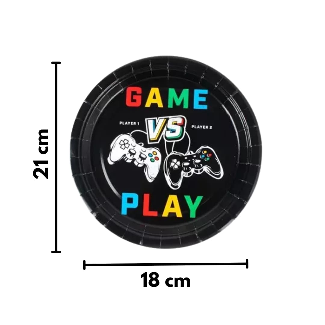 Platos gamer ecológicos 18 cm con diseño 'Game vs Play', pack de 12 para fiestas temáticas