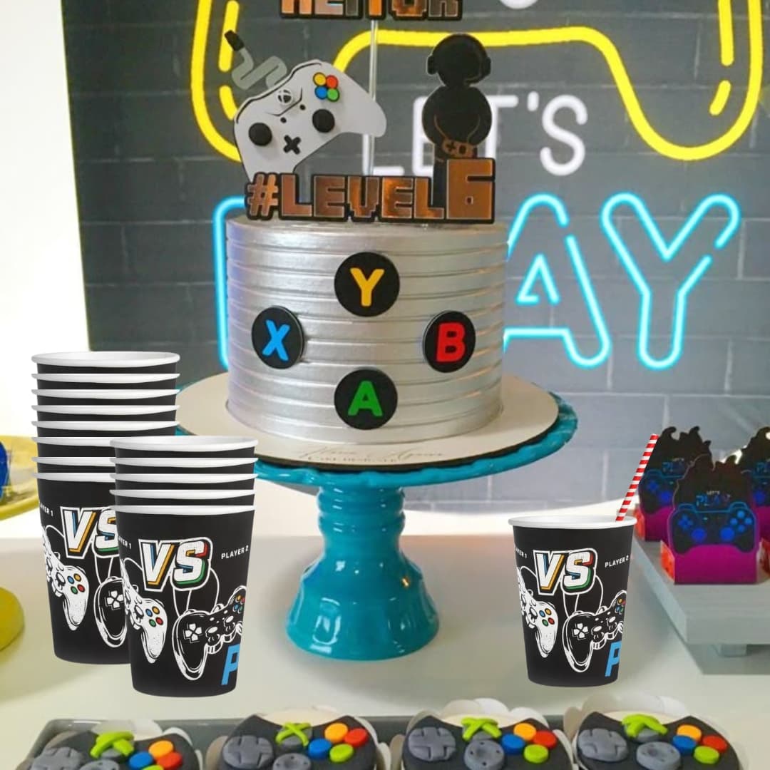 Pack de 12 vasos gamer desechables de cartón laminado, aptos para eventos y cafeterías geek