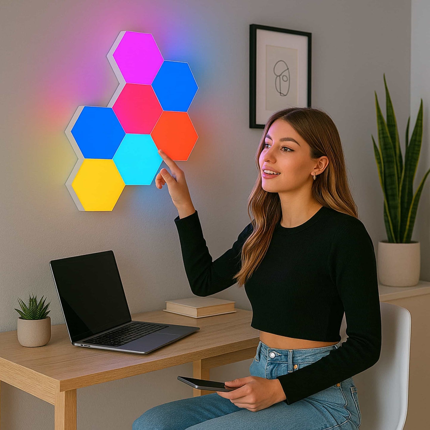 Sistema de luces LED con forma hexagonal, iluminación ambiental para hogar u oficina moderna.