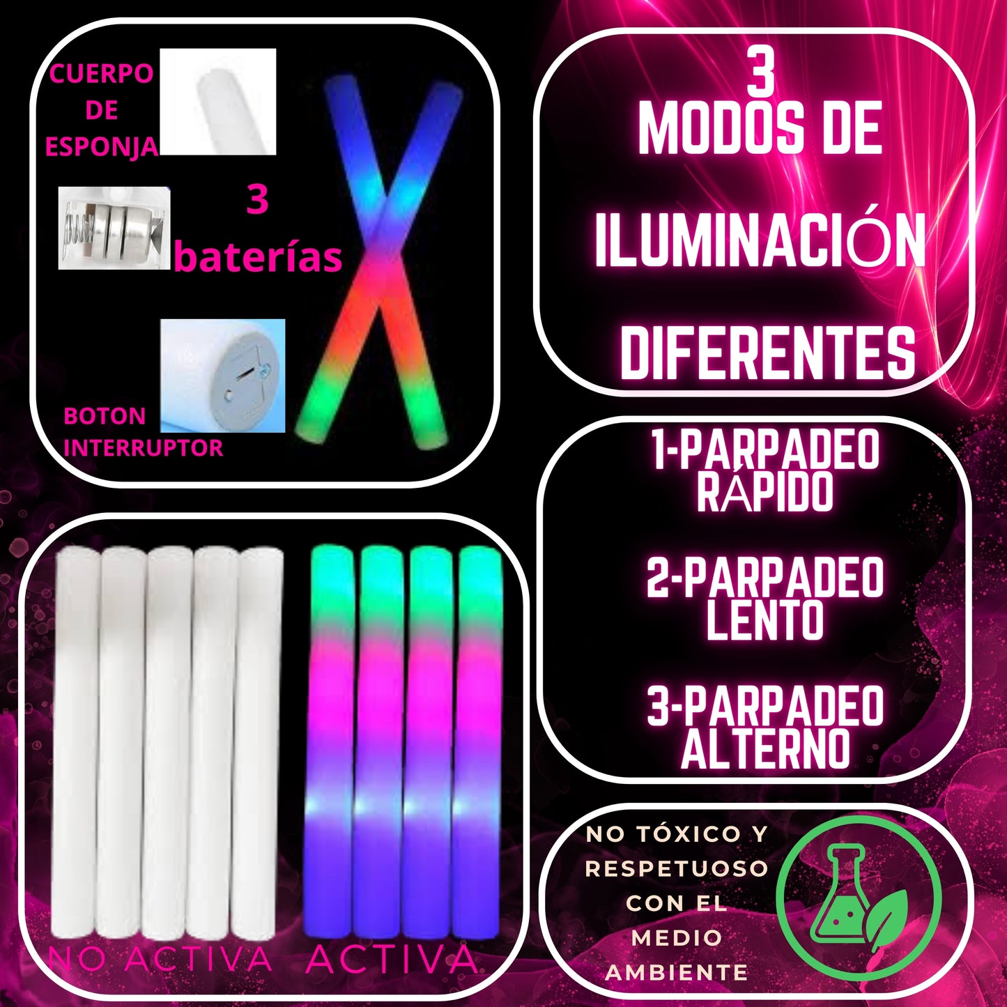 Set de 30 Palos de Espuma Soft Stick – Barras de Espuma con y sin LED para Juegos y Fiestas.