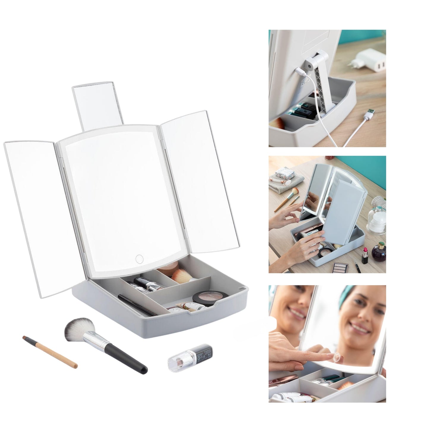 Espejo de sobremesa con iluminación LED táctil y diseño compacto y portátil