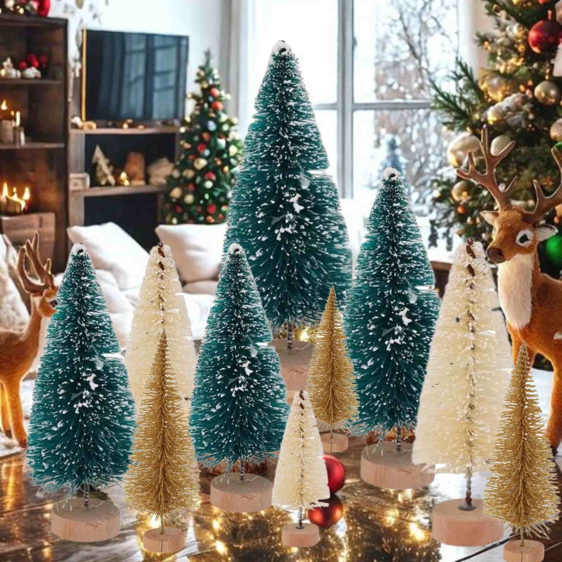 Conjunto de mini árboles instalados como centro de mesa navideña