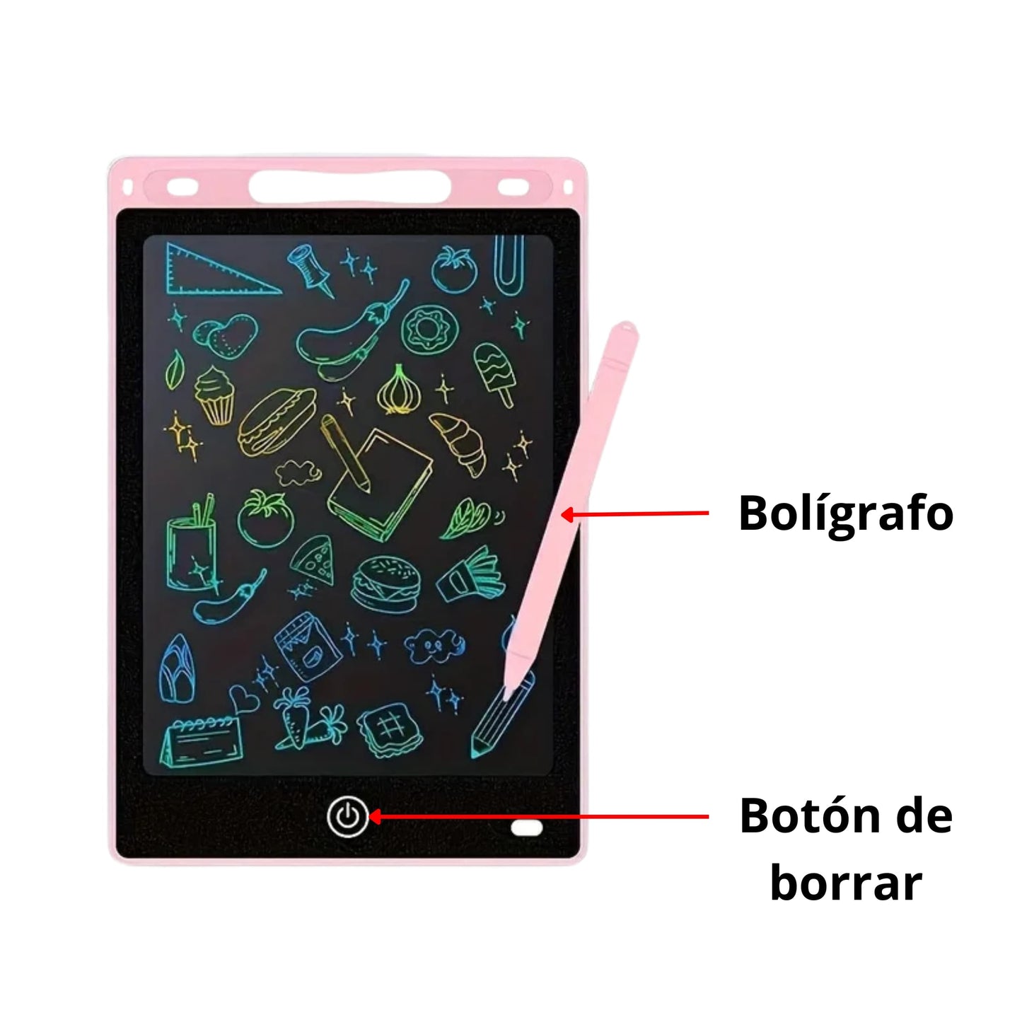 Primer plano del botón “borrar” con icono de candado en tableta ROSADA