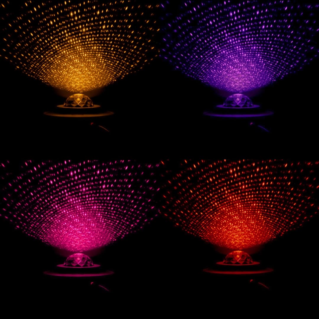 Proyector LED sobre mesa con luces proyectadas en techo y pared – ideal decoración nocturna