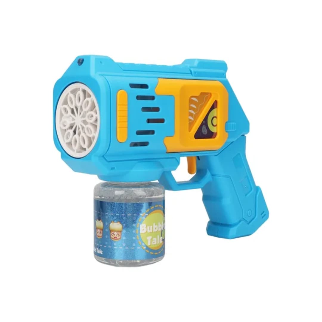 Pistola de burbujas azul disparando pompas con fondo decorativo.