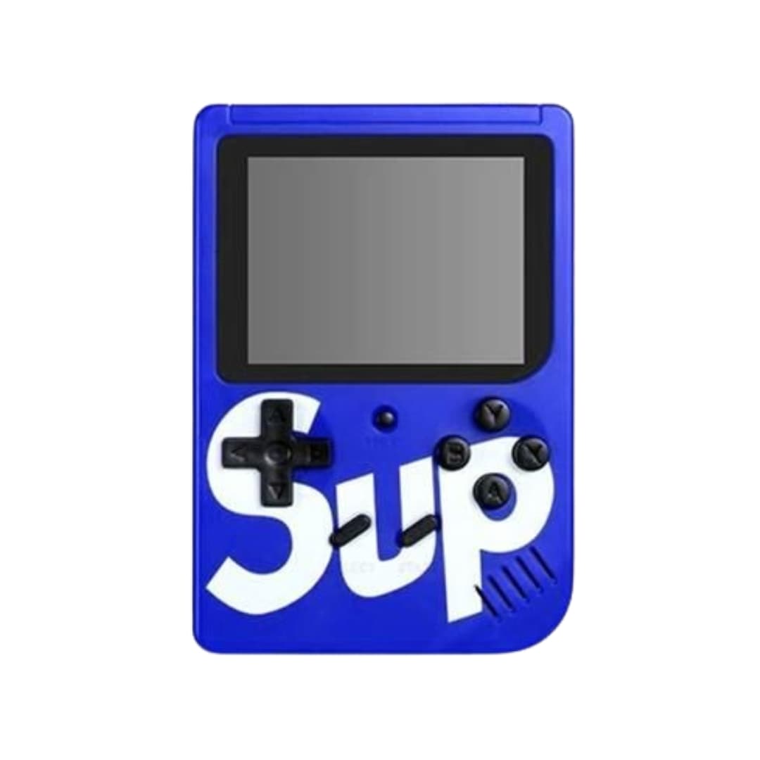 Gameboy portátil azul mostrando partida de Super Mario retro