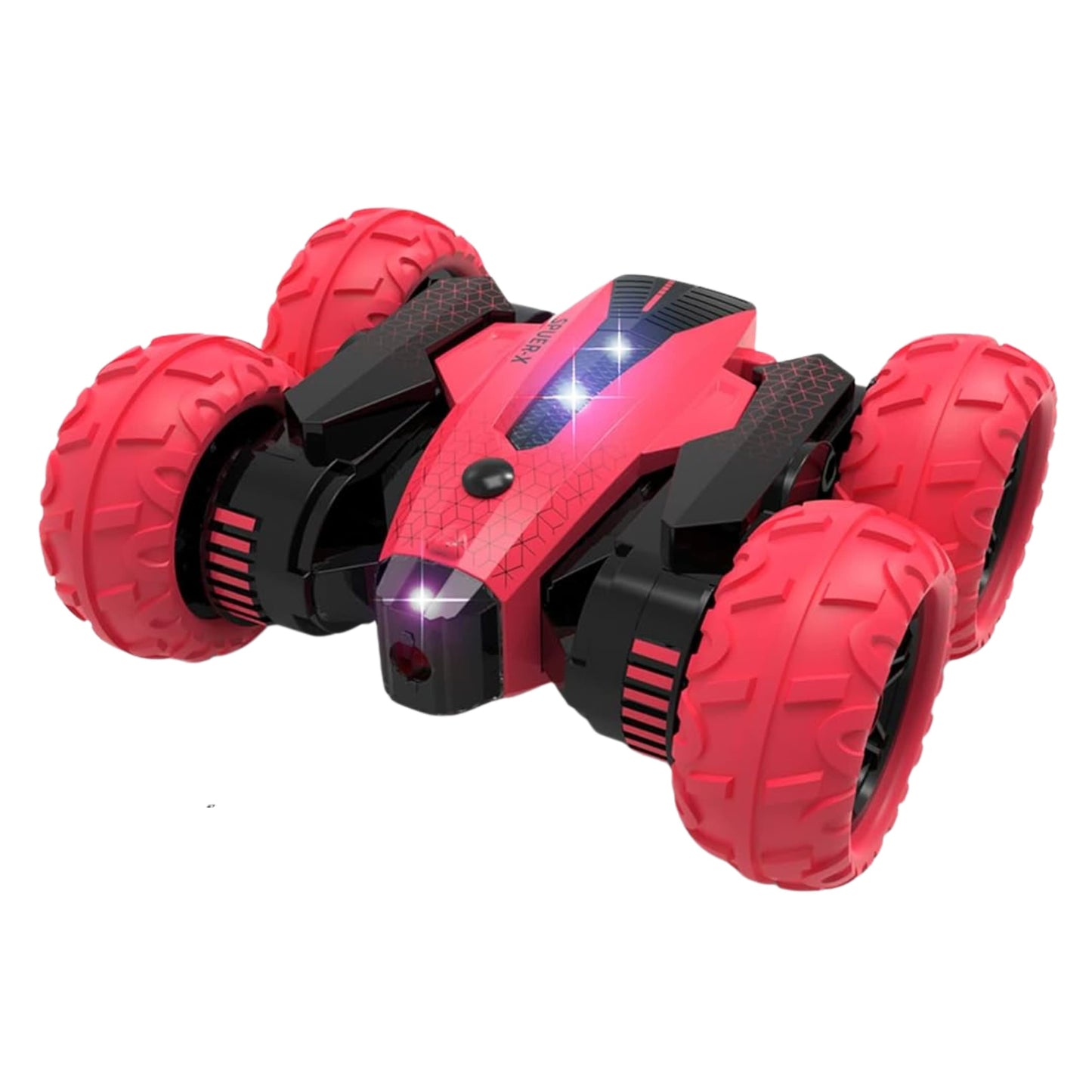 Coche RC acrobático saltando hoyo de terreno, diseñado para todo tipo de superficies