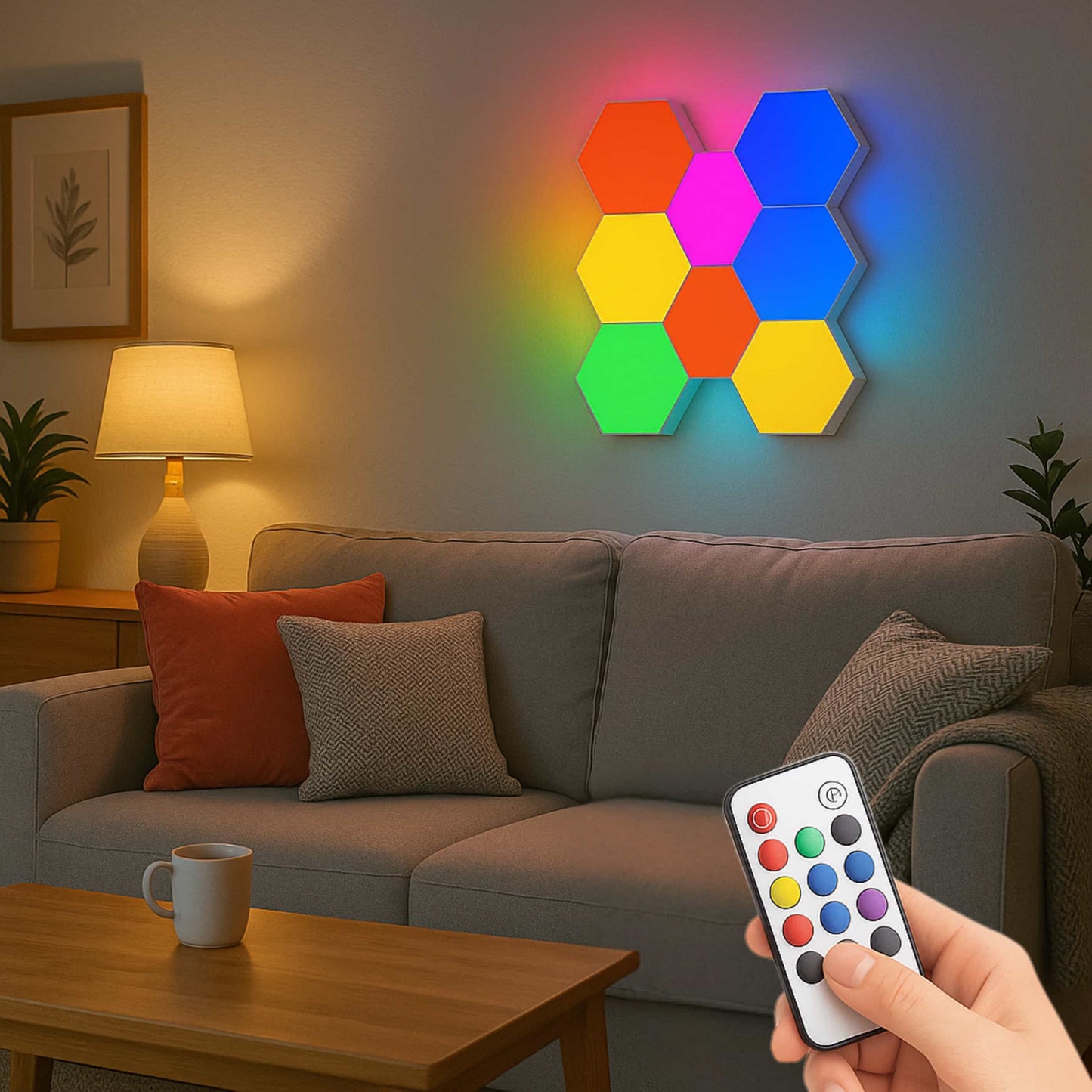 Set de luces LED hexagonales inteligentes RGB, ideal para streamers y decoraciones creativas.