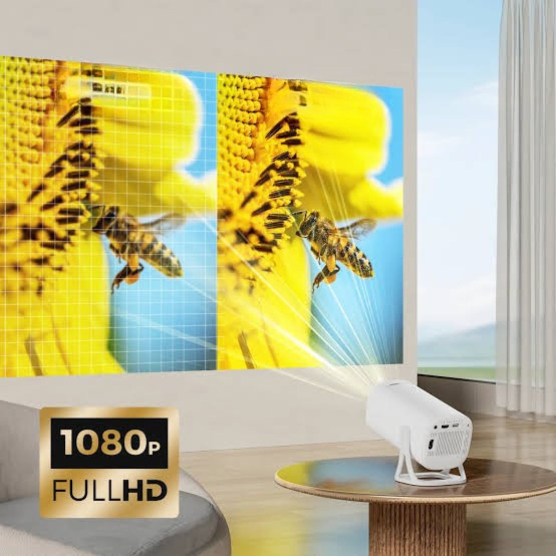 Mini proyector Full HD en mano junto a smartphone mostrando interfaz Android 11