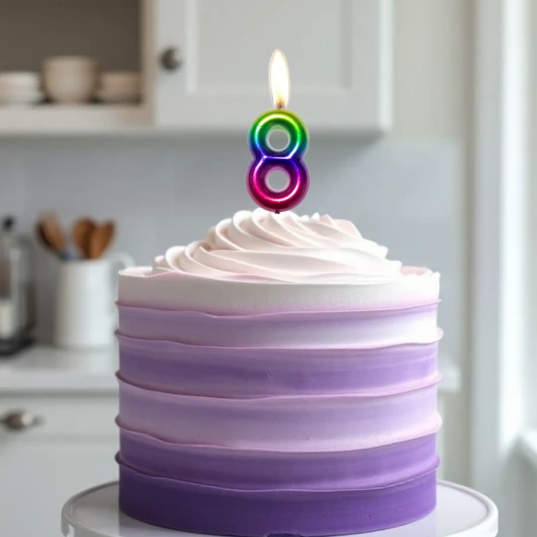 Vela metálica número 8 en colores arcoíris decorando pastel infantil colorido