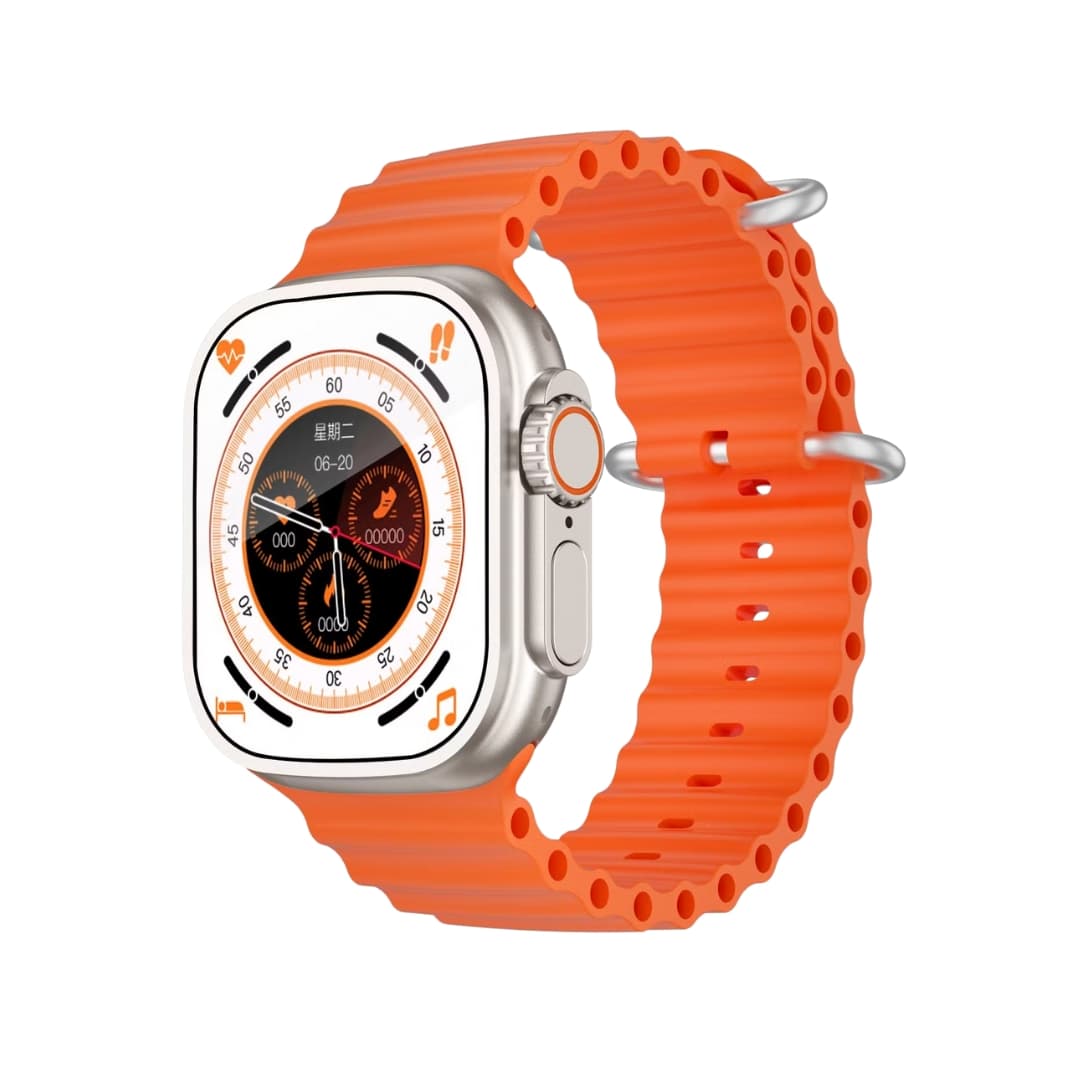 Smartwatch Ultra con correa deportiva color naranja y pantalla táctil