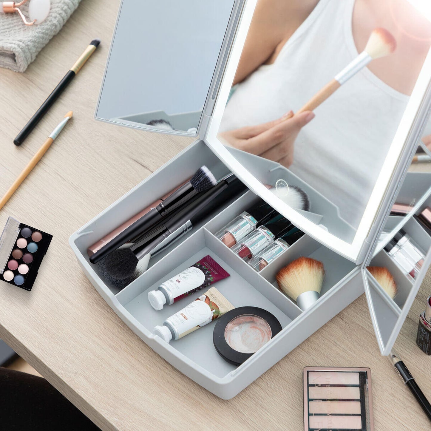 Espejo con luz LED y organizador de maquillaje ideal para tocadores y baños