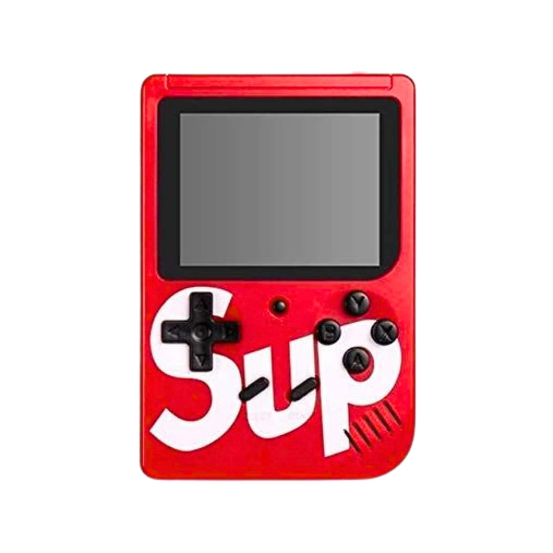 Gameboy color rojo con pantalla 8 bits y menú de 400 juegos clásicos