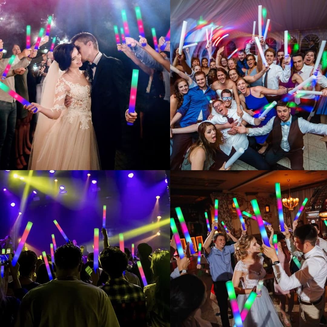 Palos de espuma LED apilados, listos para animar la fiesta