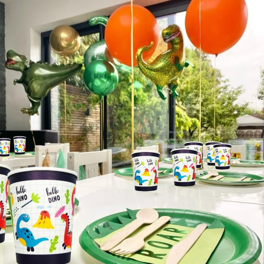 Vasos Hello Dino de cartón laminado, seguros para niños y aptos para bebidas frías o calientes