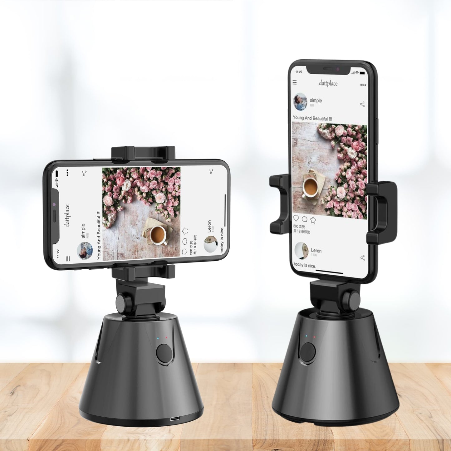 Trípode compacto sobre una mesa, con teléfono móvil instalado en posición vertical.