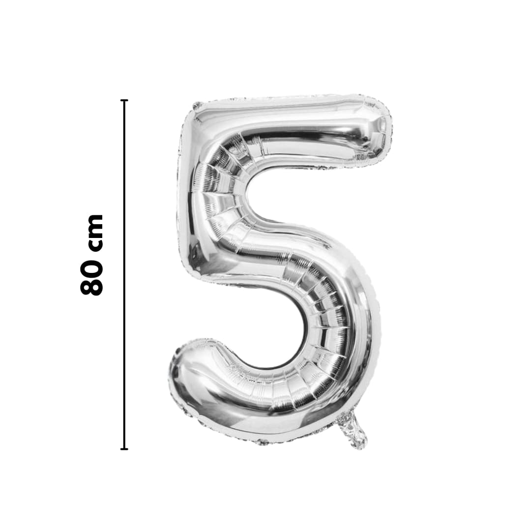 Globo metálico número 5 plateado para celebraciones de medio siglo o infantiles