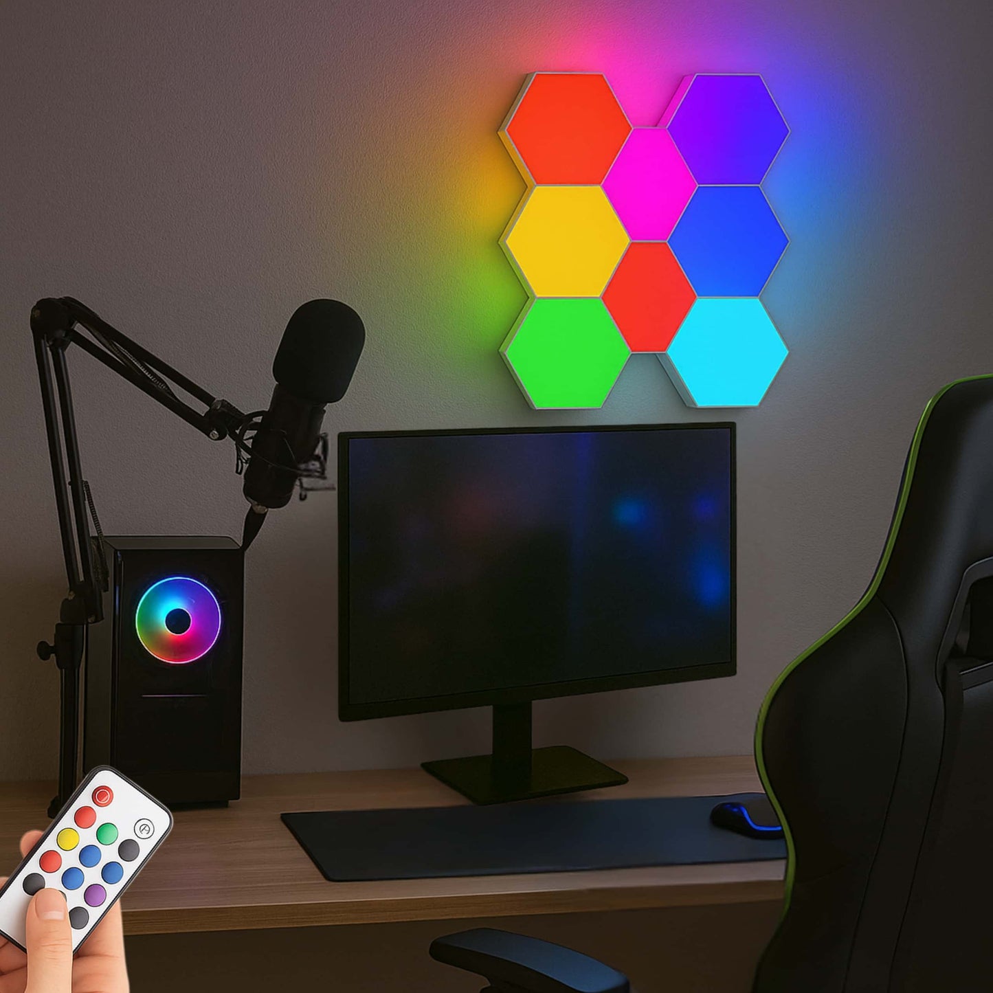 Luces de pared LED tipo hexágono con múltiples colores, perfectas para fondo de setup gamer.