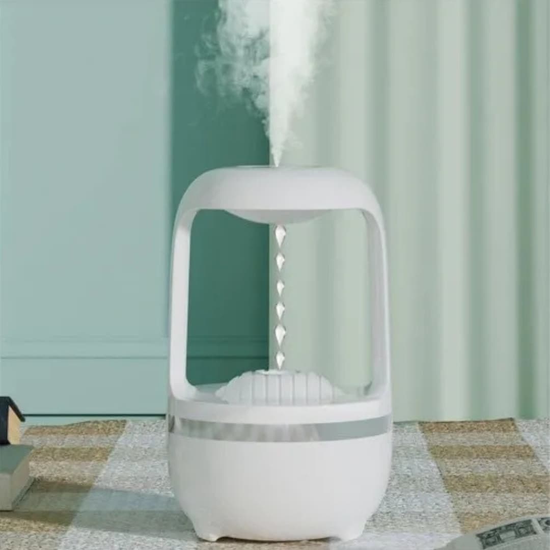 Vista superior del humidificador destacando salida de vapor y diseño redondo