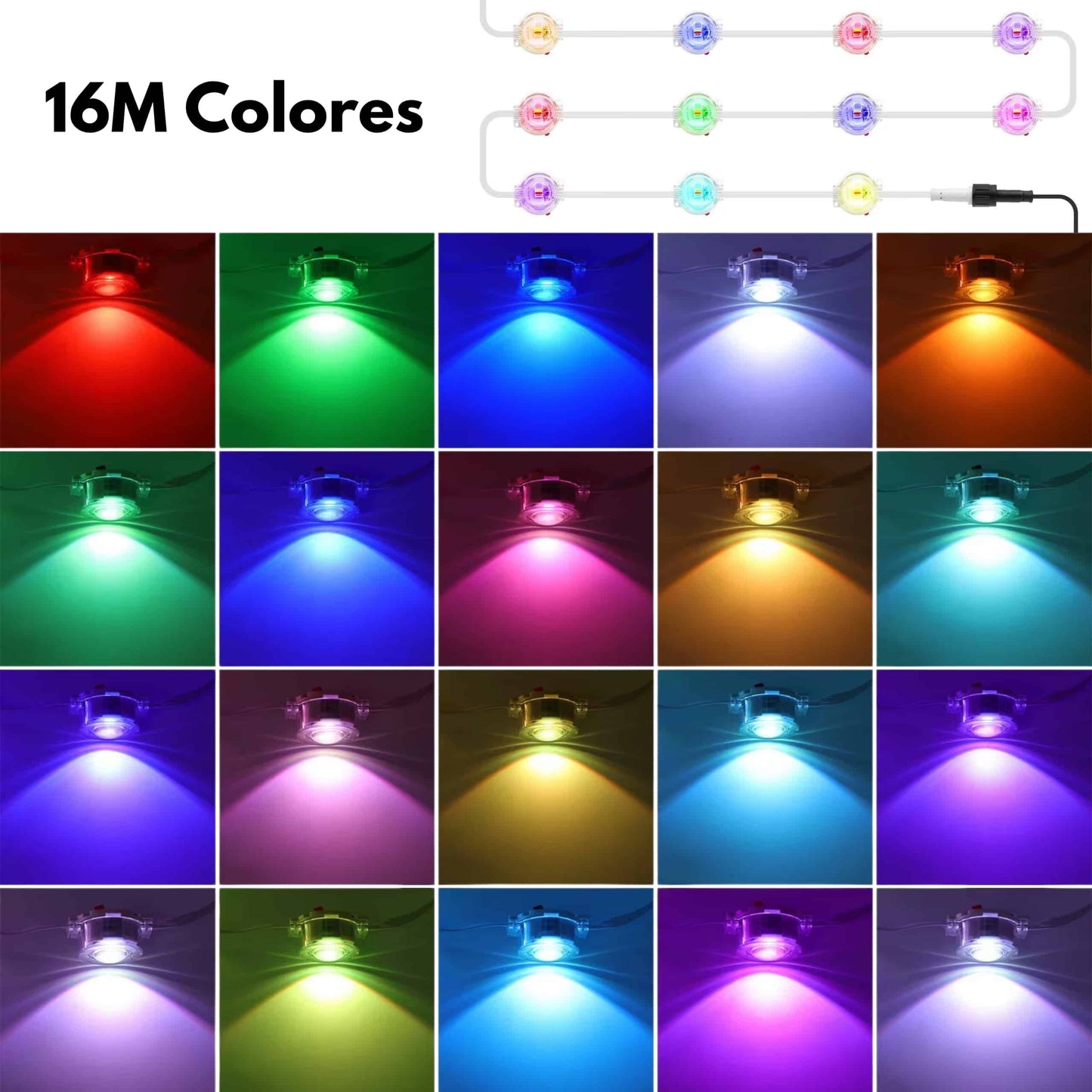 Vista cercana de lámparas LED multicolor en guirnalda exterior