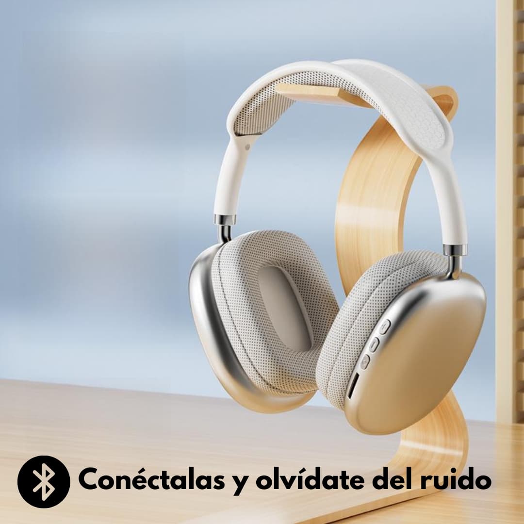Auriculares blancos P9 Pro Max conectados vía Bluetooth a smartphone