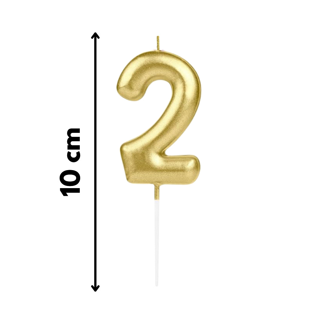 Vela número 2 dorada metálica con acabado premium para tortas de celebración