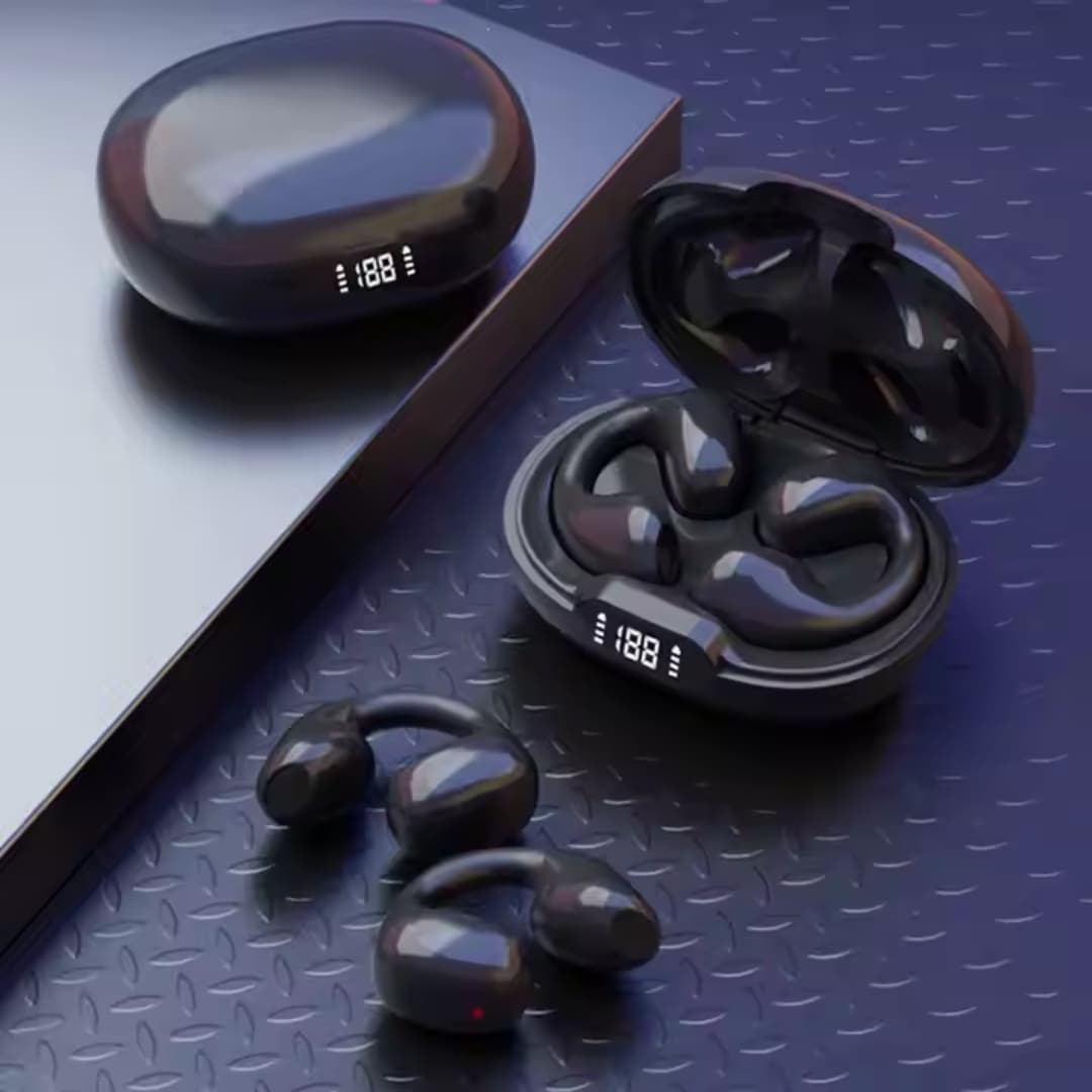 Empaque de auriculares open‑ear con cable USB‑C y manual