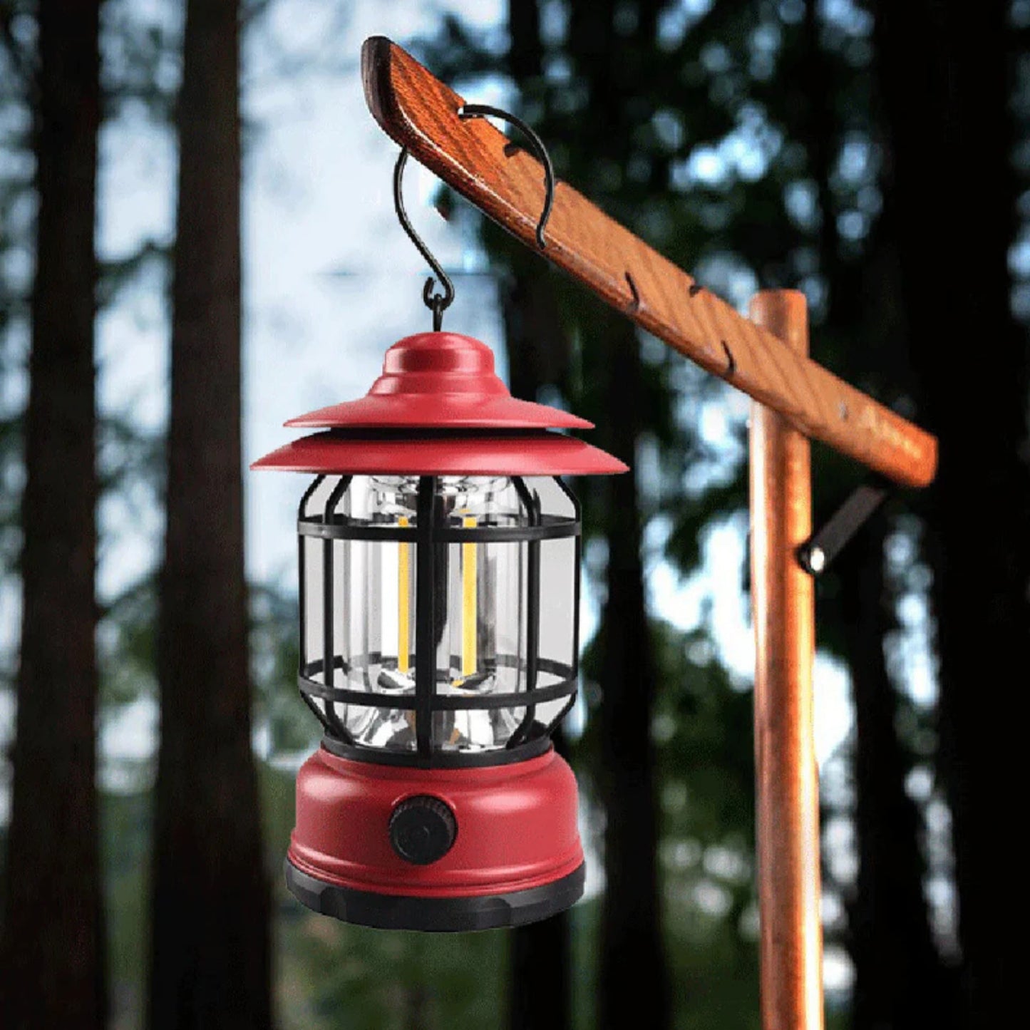 Empaque del farol recargable USB con accesorios e iconos de especificaciones