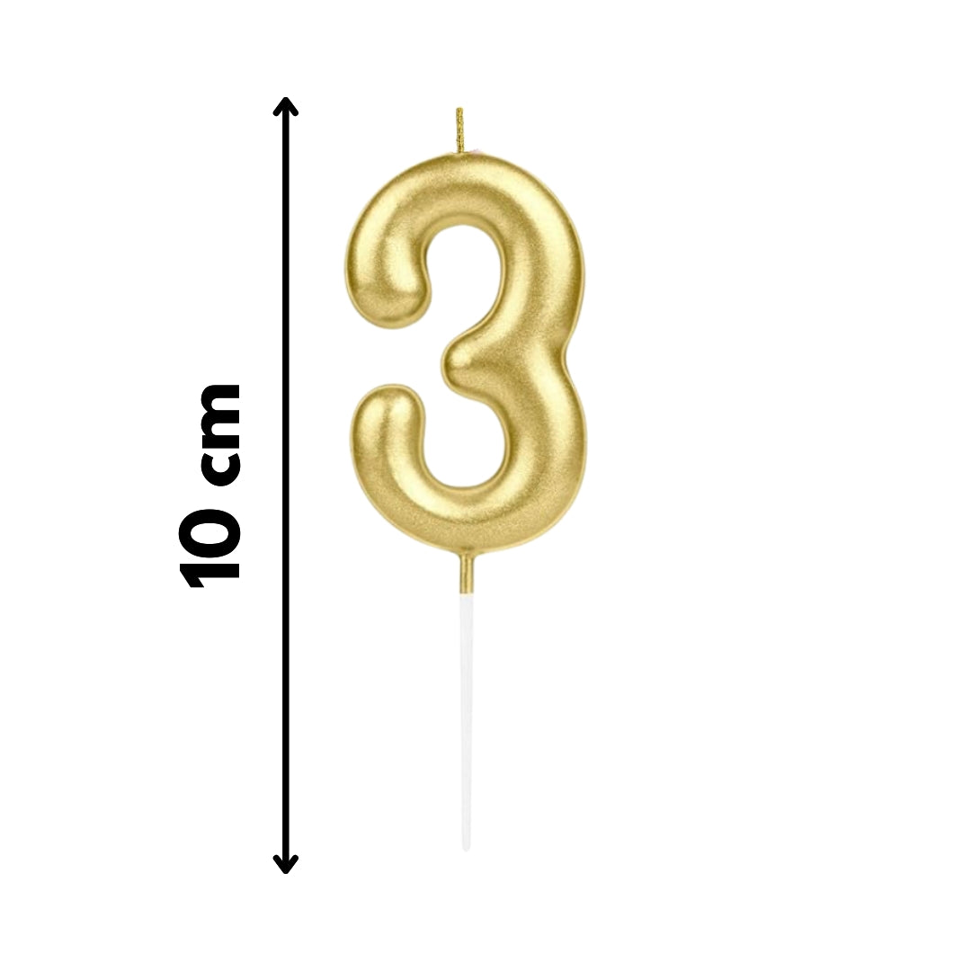 Vela número 3 dorada metálica de cera ecológica, perfecta para eventos especiales