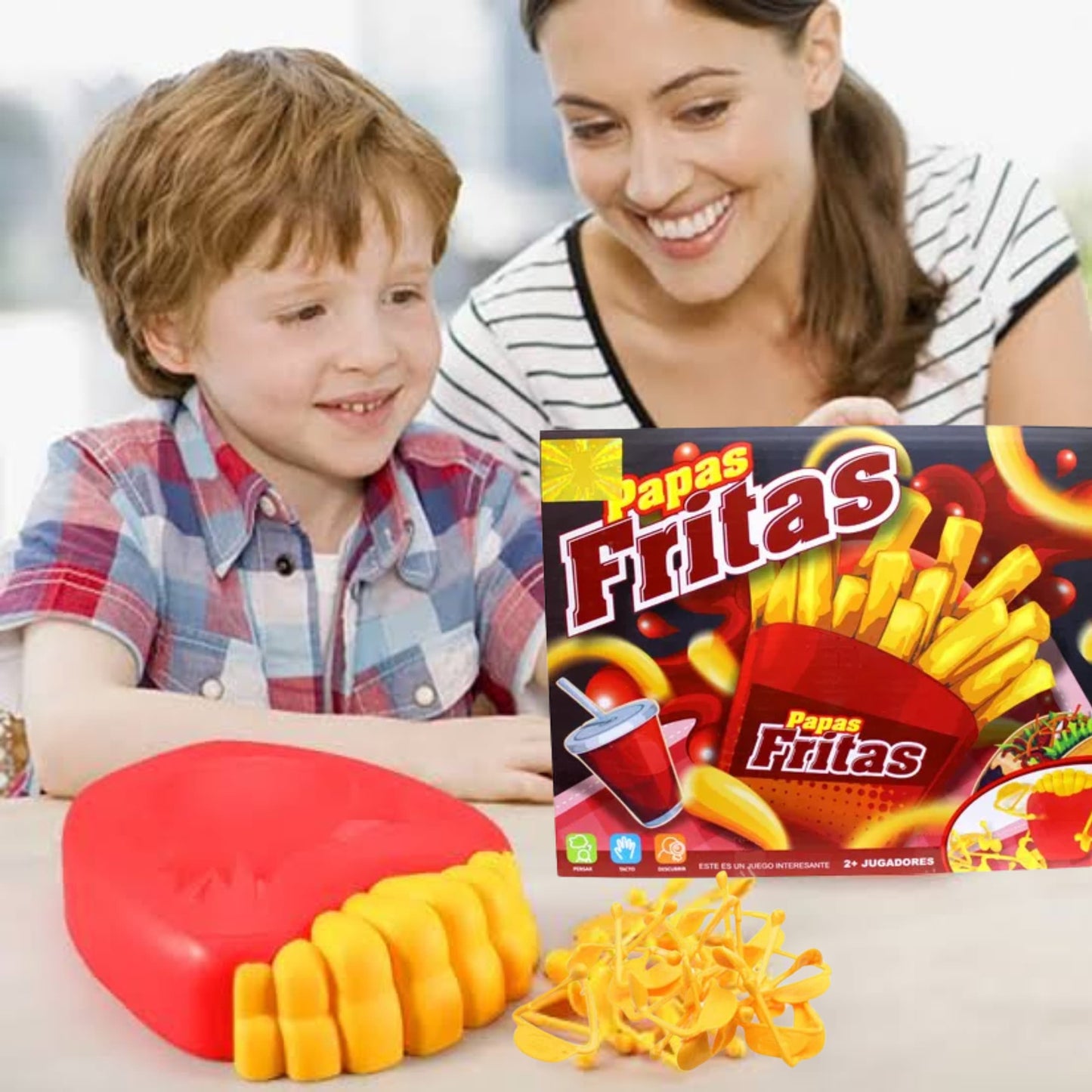 Empaque del juego "Papas Fritas" mostrando el tablero, las papas y el logo colorido