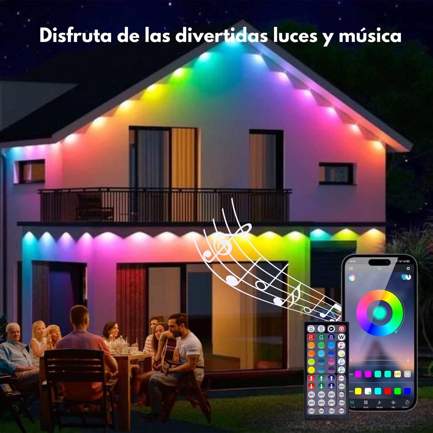 Instalación en terraza moderna con luces LED RGB ambientales