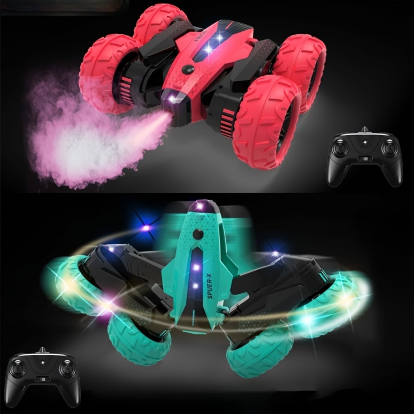 Empaque del coche 4x4 acrobático 360 con ilustraciones de circuitos y modo stunt