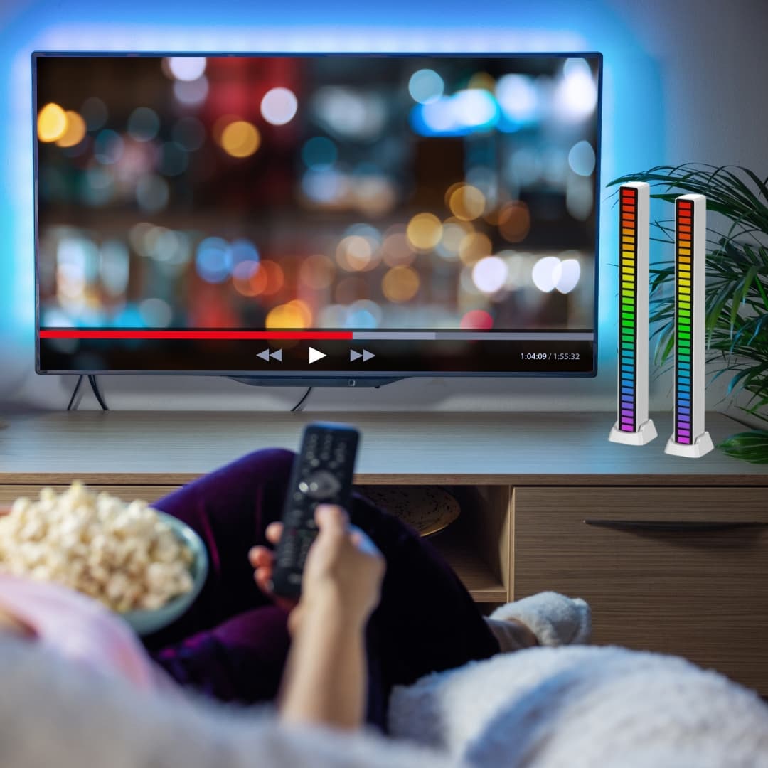 Vista superior de barra LED rítmica destacando acabado tipo fibra de carbono