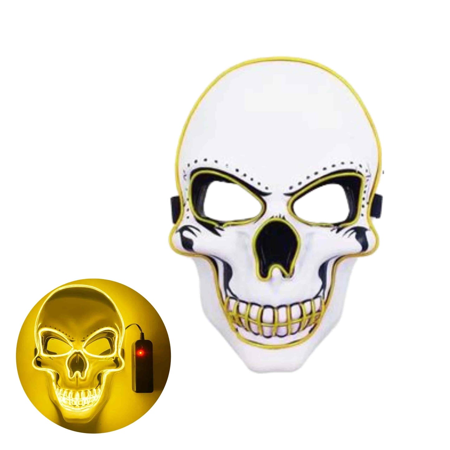 Máscara LED calavera LumiSkull Xtreme en amarillo fosforescente, perfecta para celebraciones de Halloween