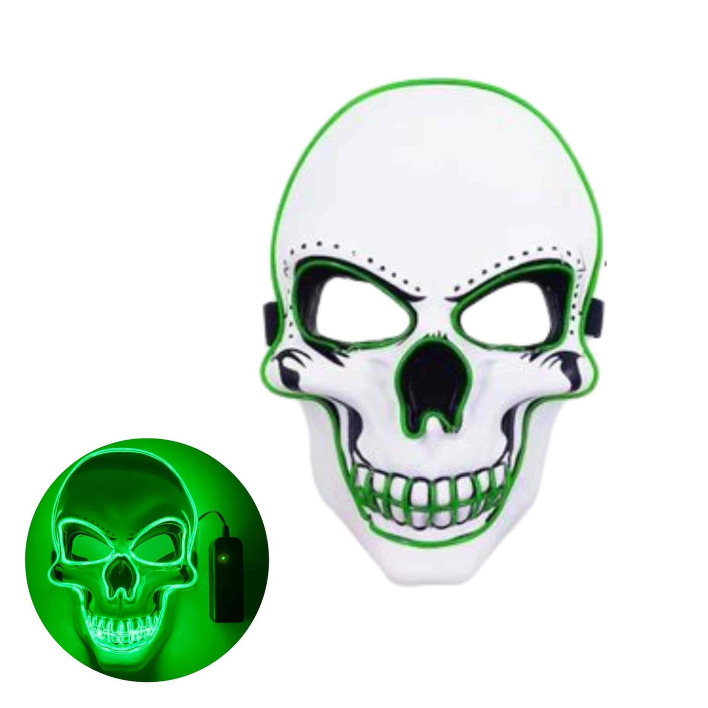 Máscara LED calavera LumiSkull Xtreme en verde neón, iluminada con luces brillantes para ambientaciones de terror