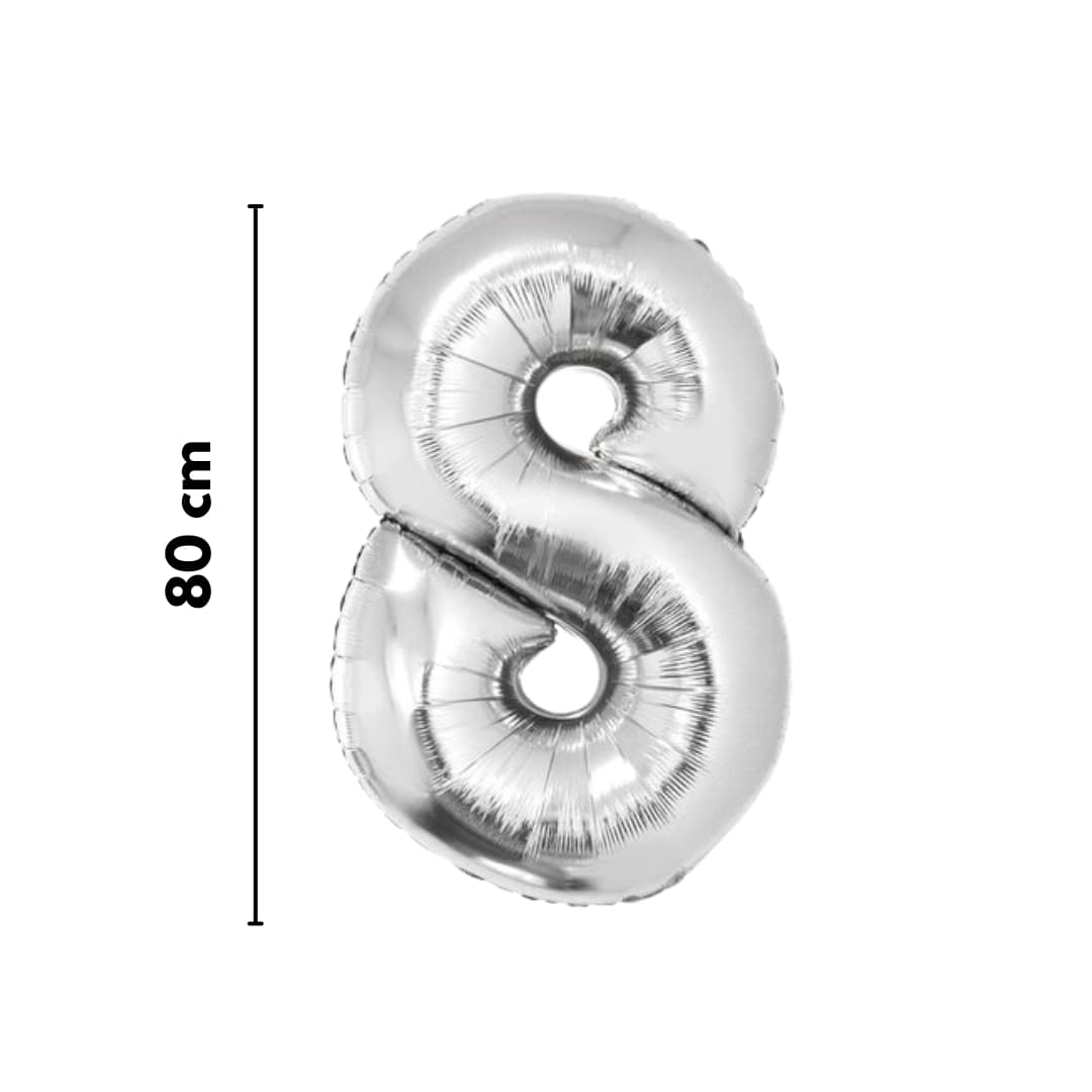 Globo metálico número 8 plateado ideal para decoraciones llamativas en fiestas
