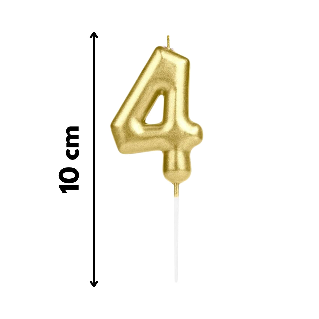 Vela número 4 dorada metálica con pincho integrado para fácil colocación en pasteles