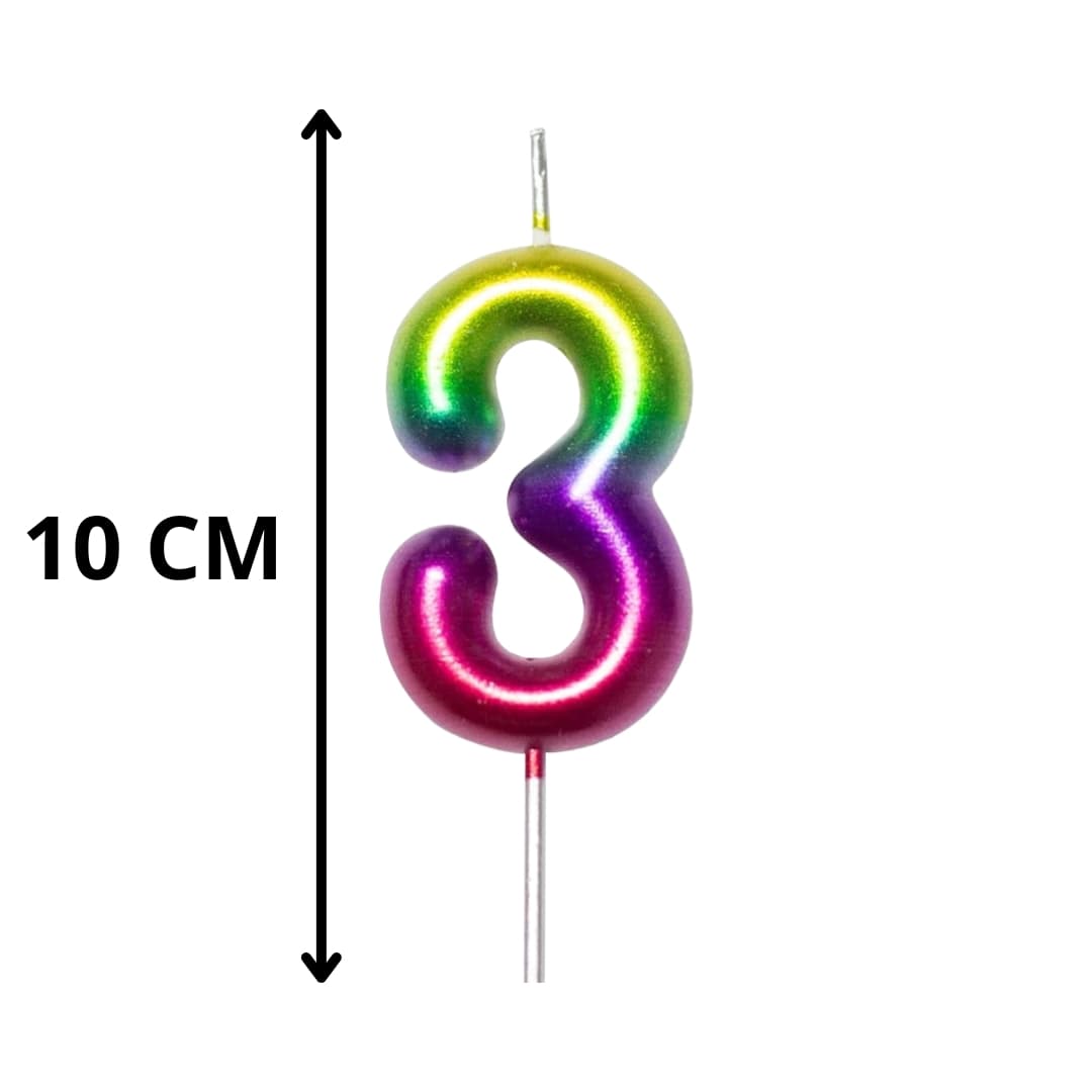 Vela metálica número 3 arcoíris 10 cm para decorar pasteles de cumpleaños
