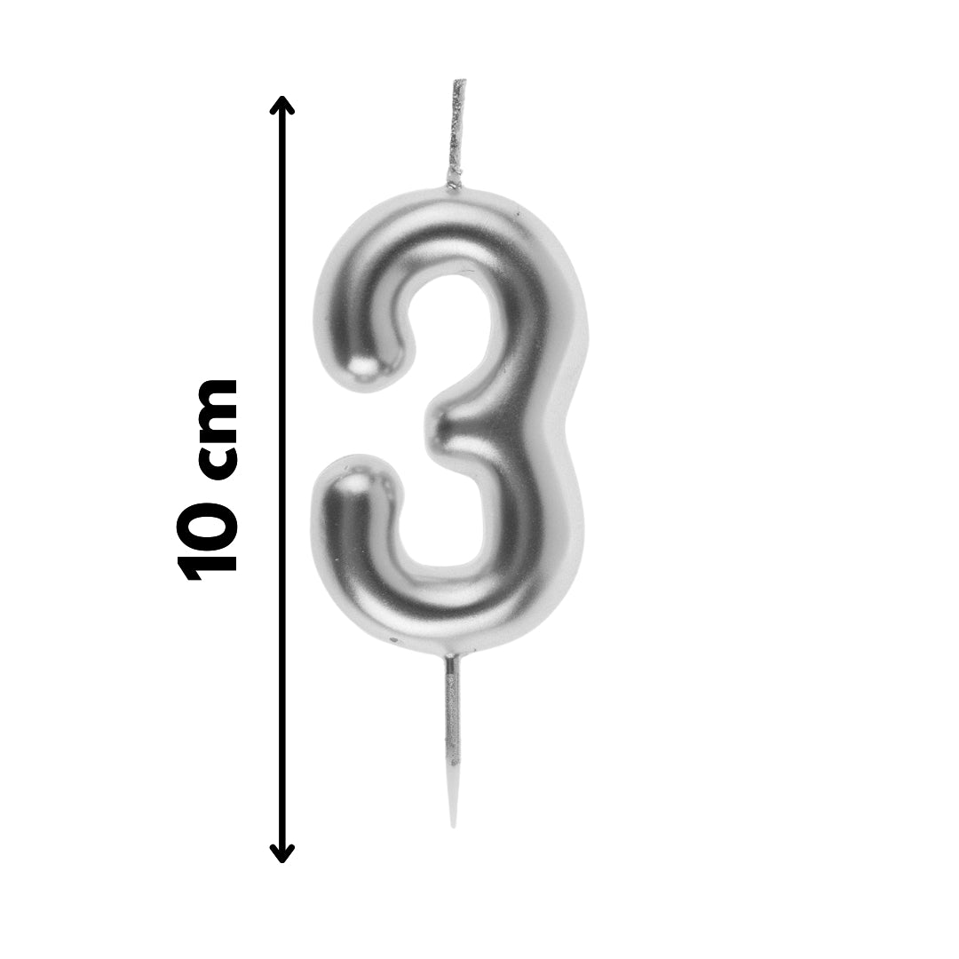 Vela número 3 metálica plateada decorativa para pasteles de cumpleaños infantiles