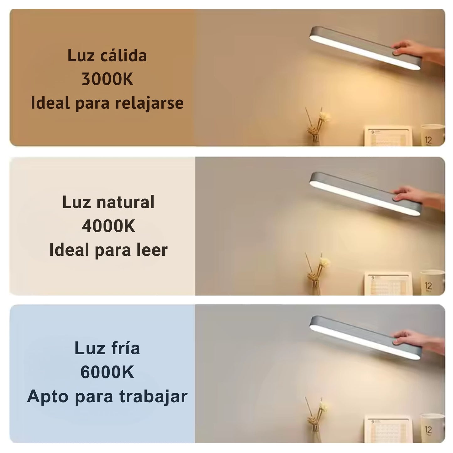 Demostración de los tres modos de luz: blanco frío, blanco cálido y luz neutra en barra LED recargable.