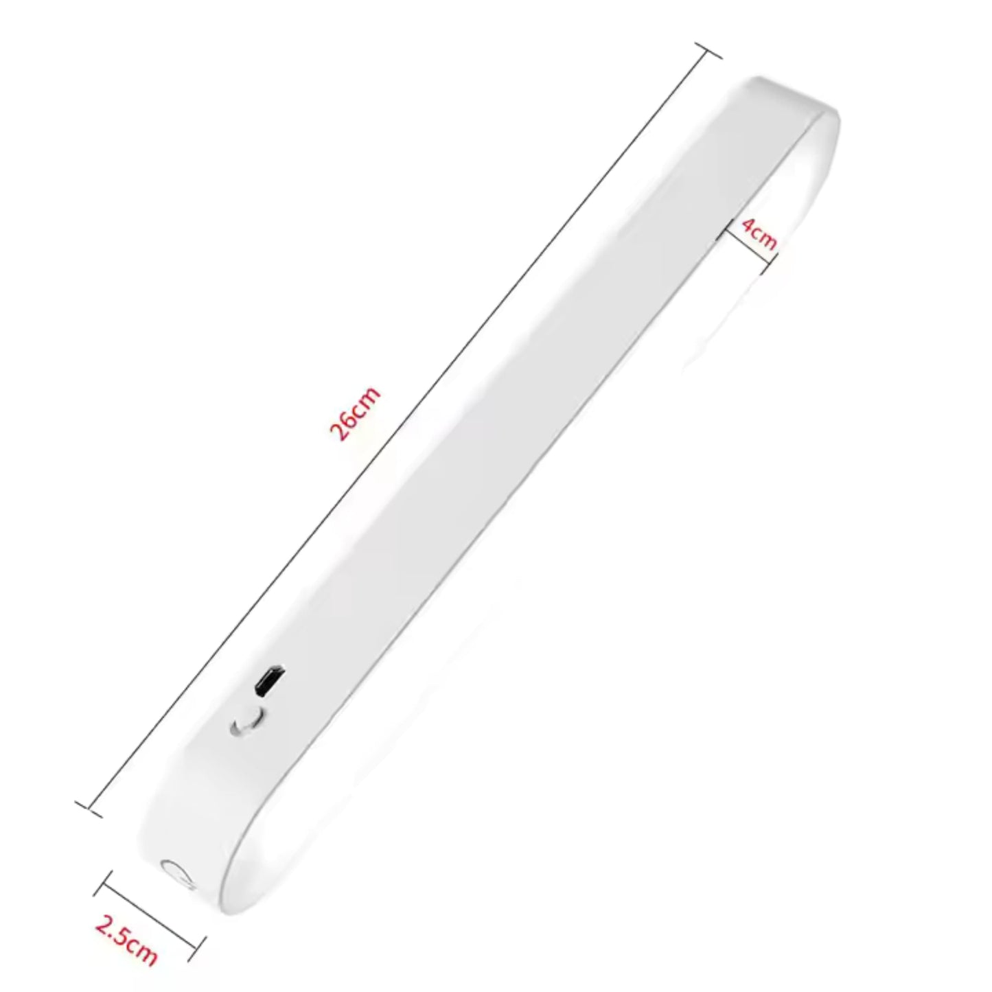 Vista cercana de la barra LED: puerto USB de carga, interruptor táctil y soporte magnético removible.