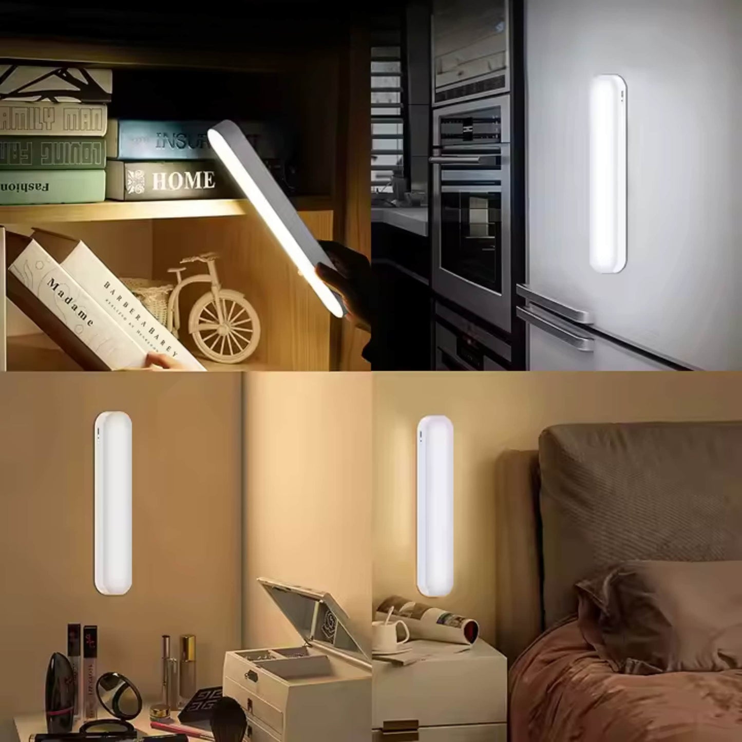 Montaje con cuatro escenas: barra LED usada en armario, escritorio, cocina y sostenida a mano por persona.