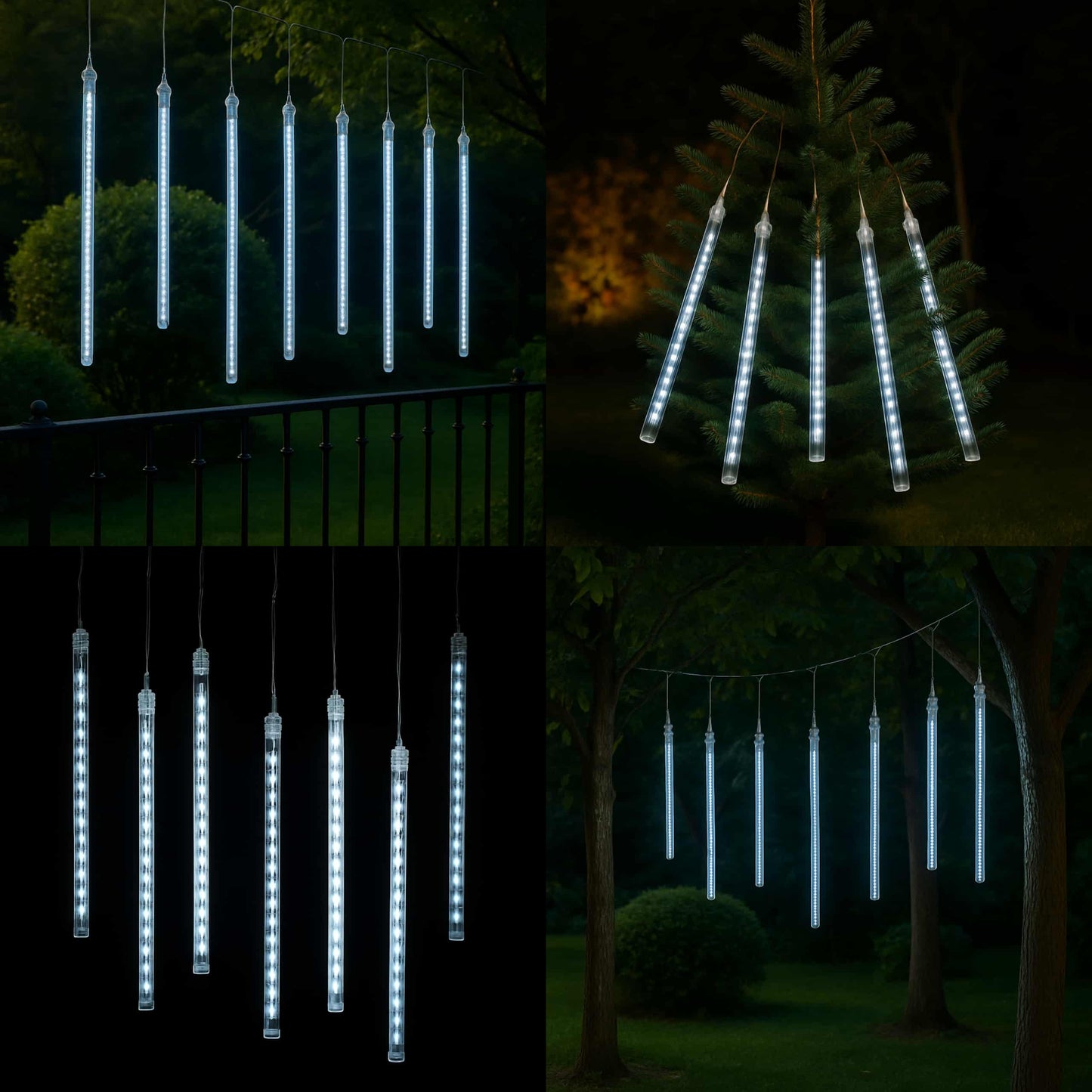 Collage de guirnaldas LED cascada encendidas decorando diferentes árboles y jardines por la noche.
