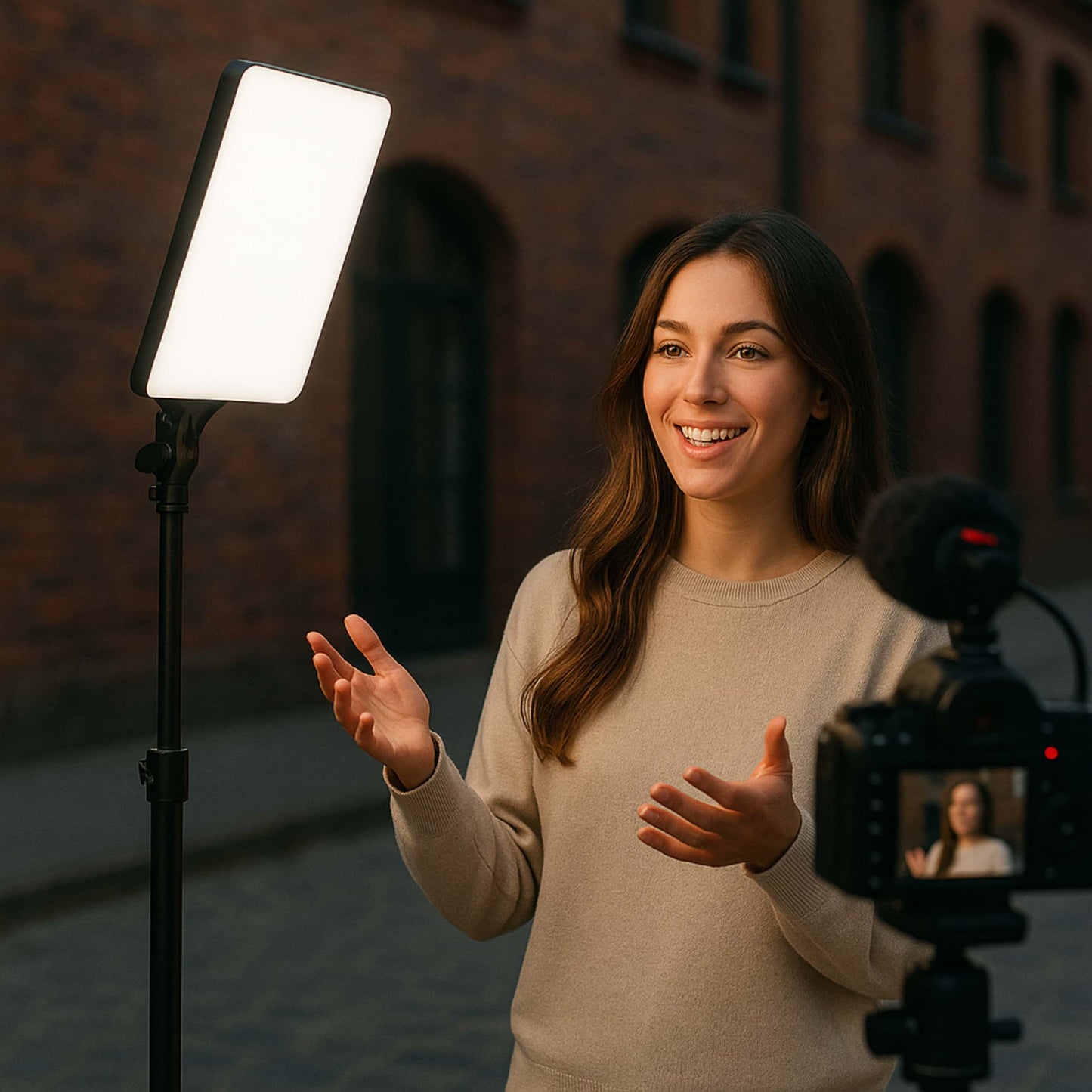 Chica grabando contenido en la calle con su teléfono móvil y luz LED cuadrada montada.