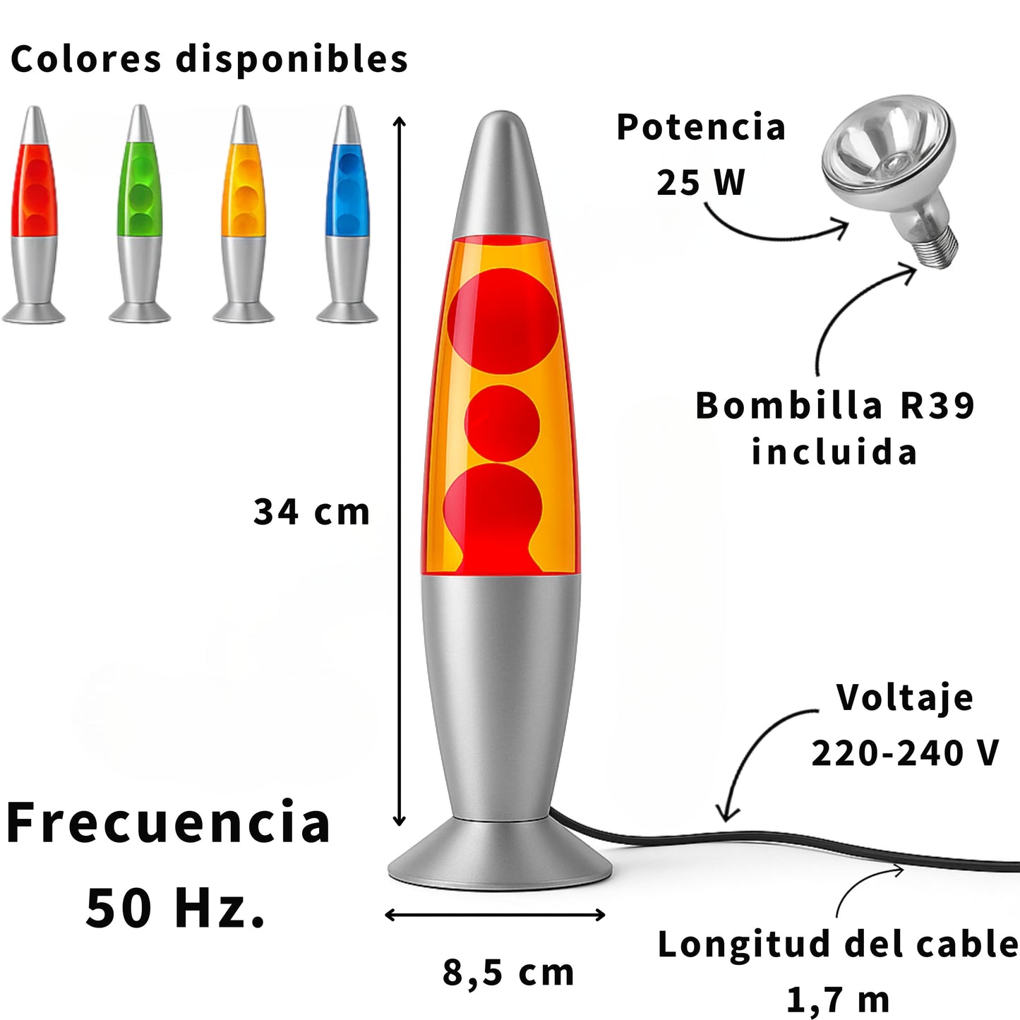 Vista detallada de la base metálica y estructura de una lámpara de lava estilo retro